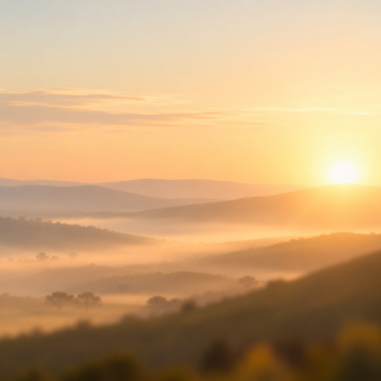 Dromerige zonsopgang boven mistige heuvels